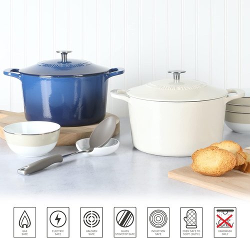 Martha Stewart Gatwick 7-Quart Enamel Cast Iron Dutch Oven - Durable Linen Color with Silver Knob for Slow Cooking