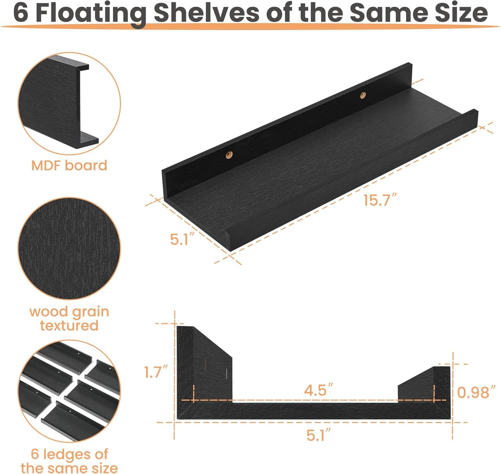 Upsimples Floating Wall Shelves - Set of 6 Decorative Wood Shelves for Bedroom, Living Room, Kitchen | Black