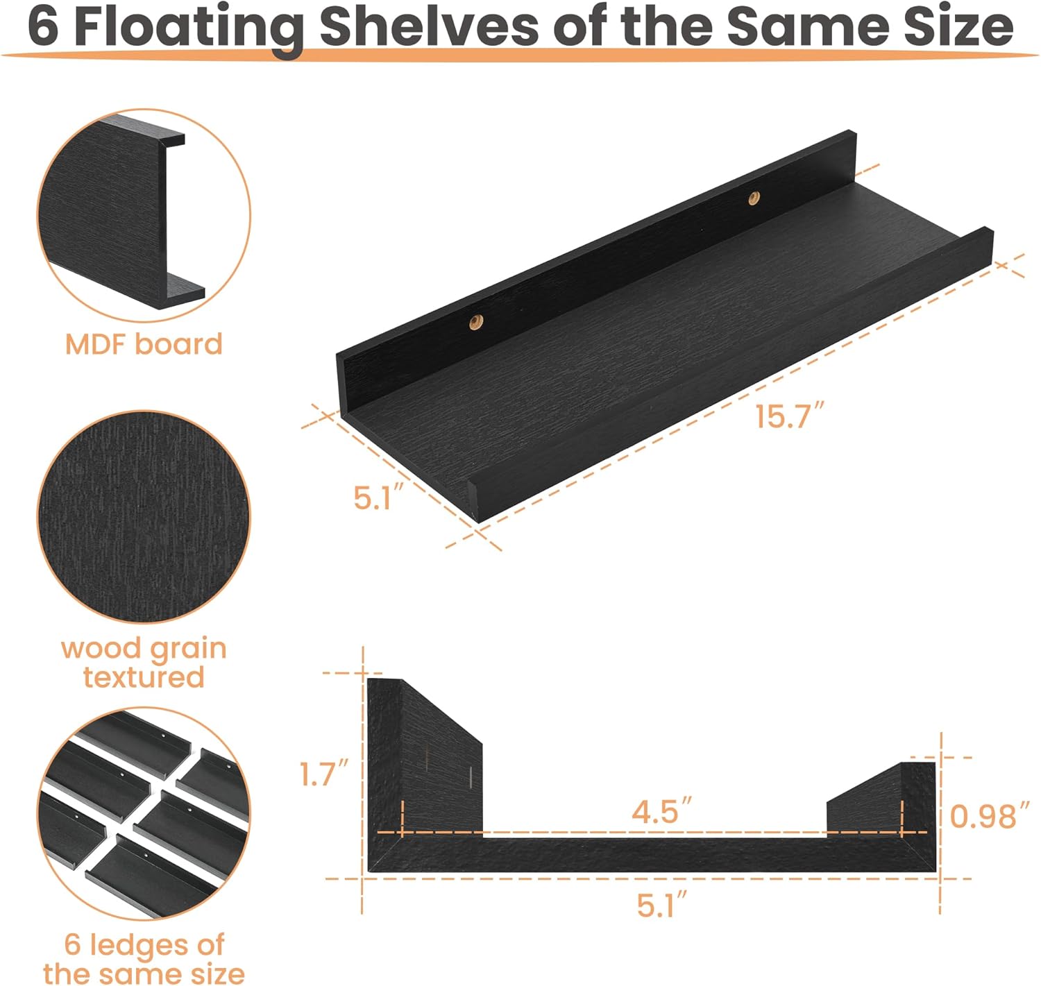Upsimples Floating Wall Shelves - Set of 6 Decorative Wood Shelves for Bedroom, Living Room, Kitchen | Black