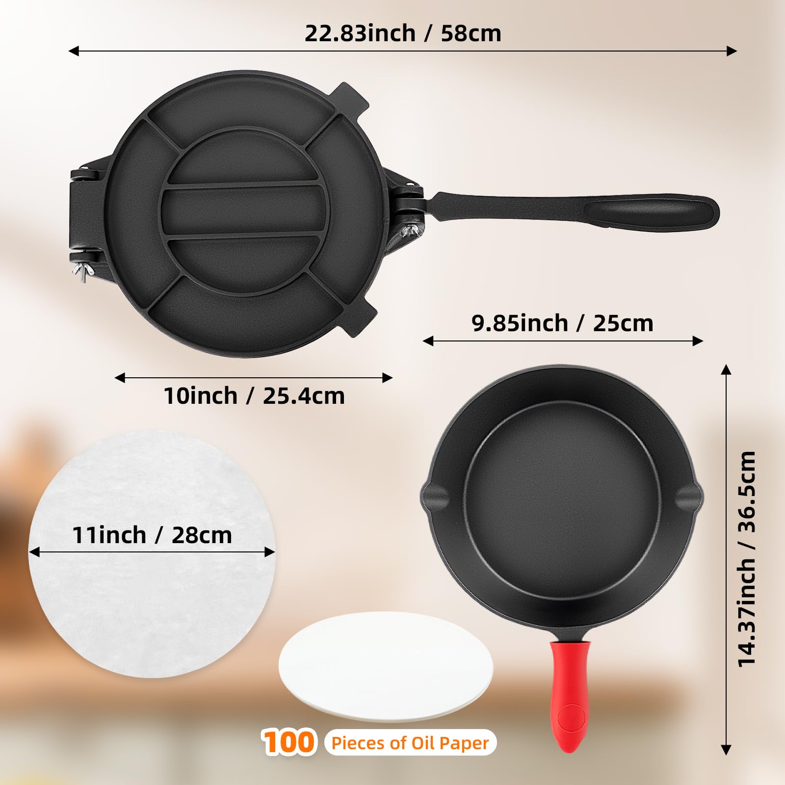 Xeoca 10 Inch Cast Iron Tortilla Press & Comal Pan Bundle, Include 100 Pcs Parchment Paper,Commercial-Grade Cast Iron Tortilla Maker, Roti Press, Non-Stick, Heat-Resistant, Black