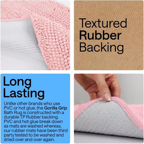GORILLA GRIP Bath Rug Mat - Soft Absorbent Chenille | Quick Dry Microfiber, 44x26, Light Pink