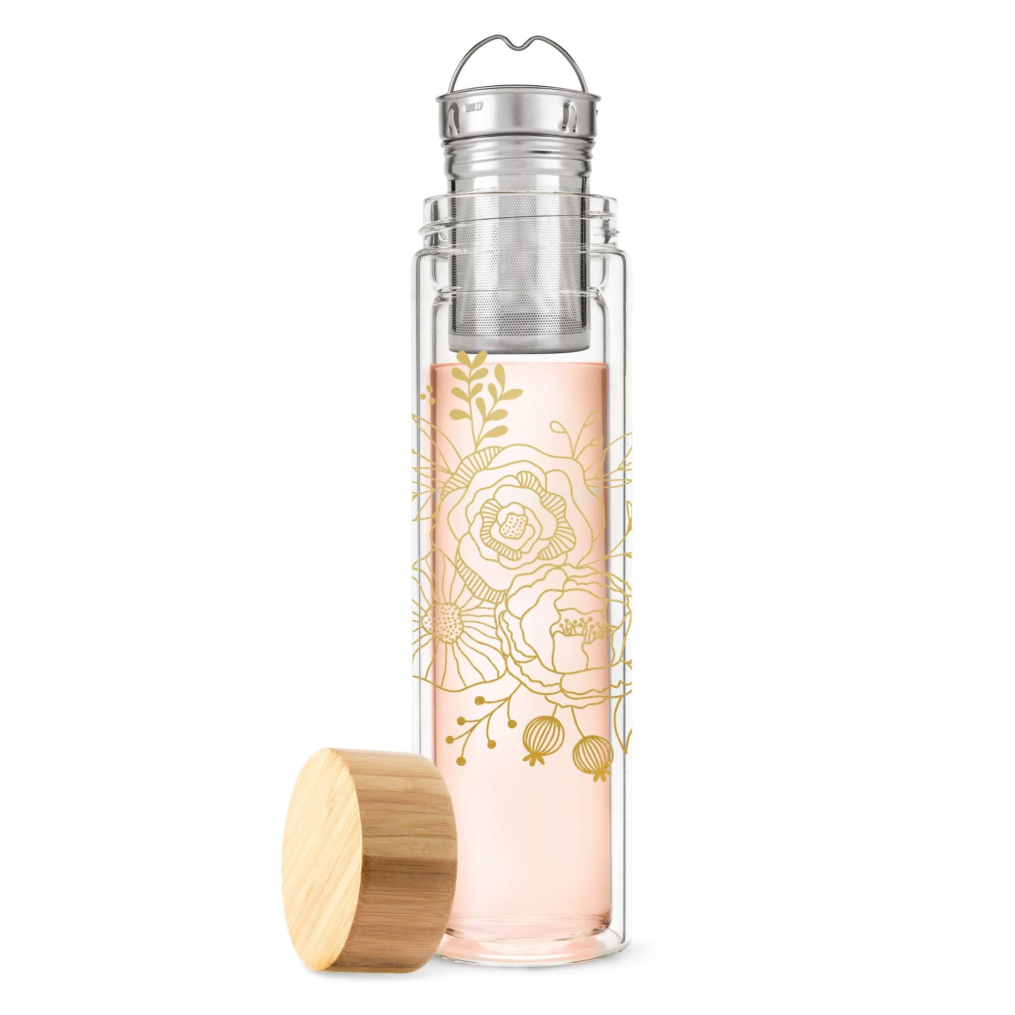 Pinky Up Blair Travel Infuser Mug, Double-Walled Glass, Stainless Steel Strainer, 16 Oz, Bouquet