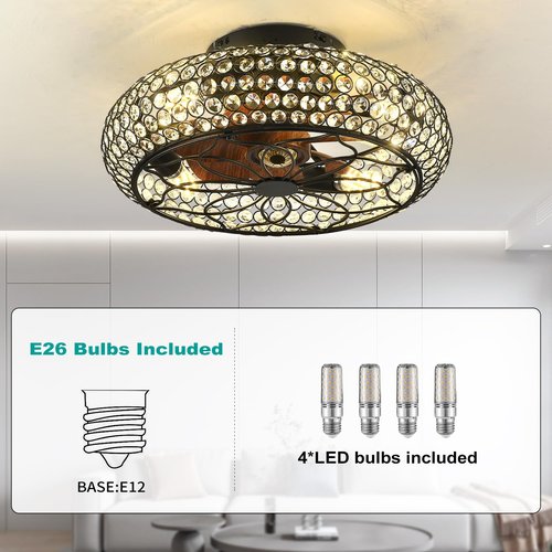 XUDOM Caged Crystal Ceiling Fans with Lights and Remote,18.8" Flush Mount Low Profile Ceiling Fan with Light,6 Speed Enclosed Ceiling Fan with Reversible Motor for Bedroom Kitchen Living Room