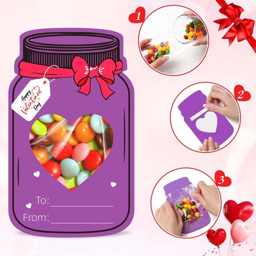 Labrostar 60Pcs Valentines Day Gifts for Kids Valentines Day Mason Jar Cards with Treat Bags for Valentines Exchange Cards Boys Girls Toddler School Classroom Activities Party Favors