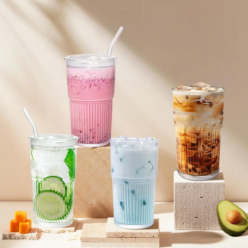 Luiaiog 18.5oz Glass Cups with Lids and Straws - Set of 4 Reusable Tumblers, Thickened Shatter-Resistant Glass, Ideal for Iced Coffee, Smoothies, Cocktails, Juices - Elegant & Durable Drinkware