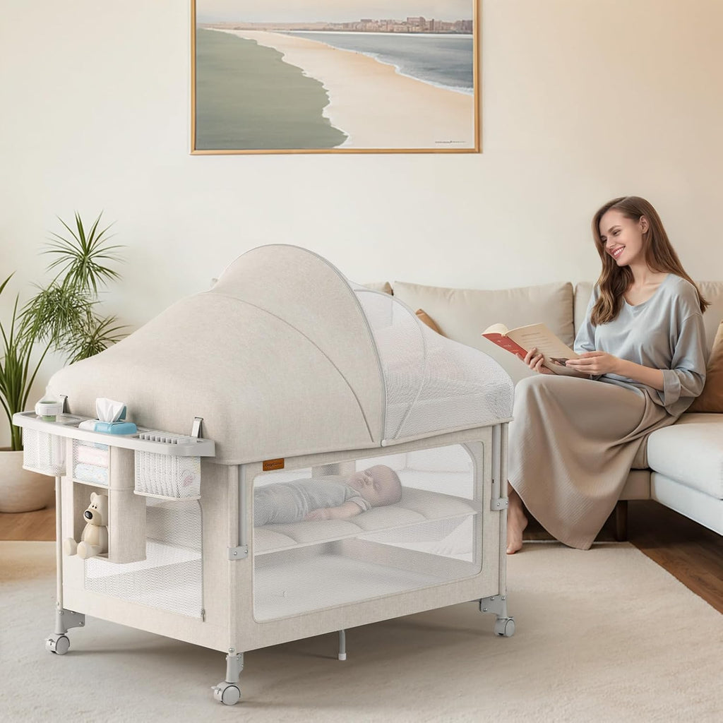 TinyGlow 4-in-1 Baby Bassinet - Portable Crib Sleeper with Mattress & Mosquito Net | Quick Assembly & Easy Carry