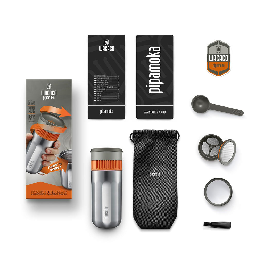 WACACO Pipamoka Portable Coffee Maker, Coffee brewer, All-in-one Vacuum Pressured，Insulated Travel Mug, Hand Powered and Filter Pressure Brewer, Stainless Steel Thermo Cup, 10 fl oz
