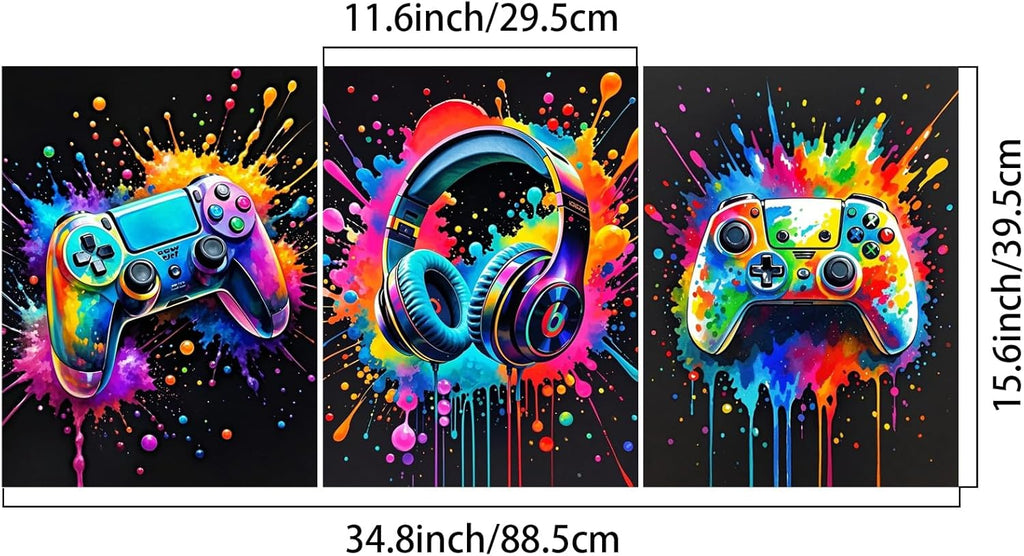 Skiennix Gaming Room Wall Art - Colorful Canvas Posters for Gamers | 12x16 Inch Framed Prints