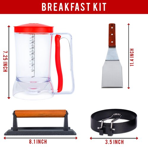 Eggssentials Griddle Breakfast Kit Compatible with Blackstone Griddle, Pancake Batter Dispenser, Bacon Press, 4 Egg Rings & Stainless Steel Spatula - Best for Indoor-Outdoor Cooking.