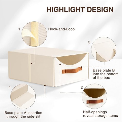 Homsorout Stackable Storage Drawers - Large Collapsible Bins for Closet Organization | 4-Pack Light Beige
