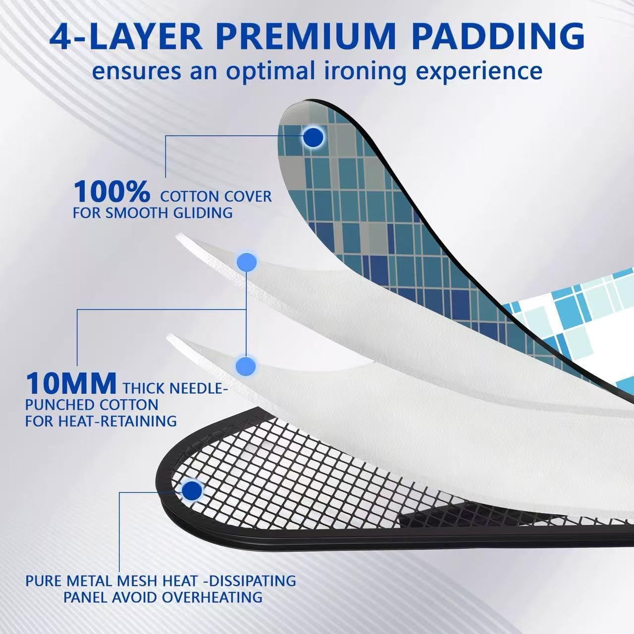 UFETGYG Classic Full Size Ironing Board 57" X 18" with Iron Rest, Extra Wide Size Full Metal Construction,Height Adjustable, Heat & Scorch Resistant Fabric, Anti-Skid Feet, Easy to Fold,Blue
