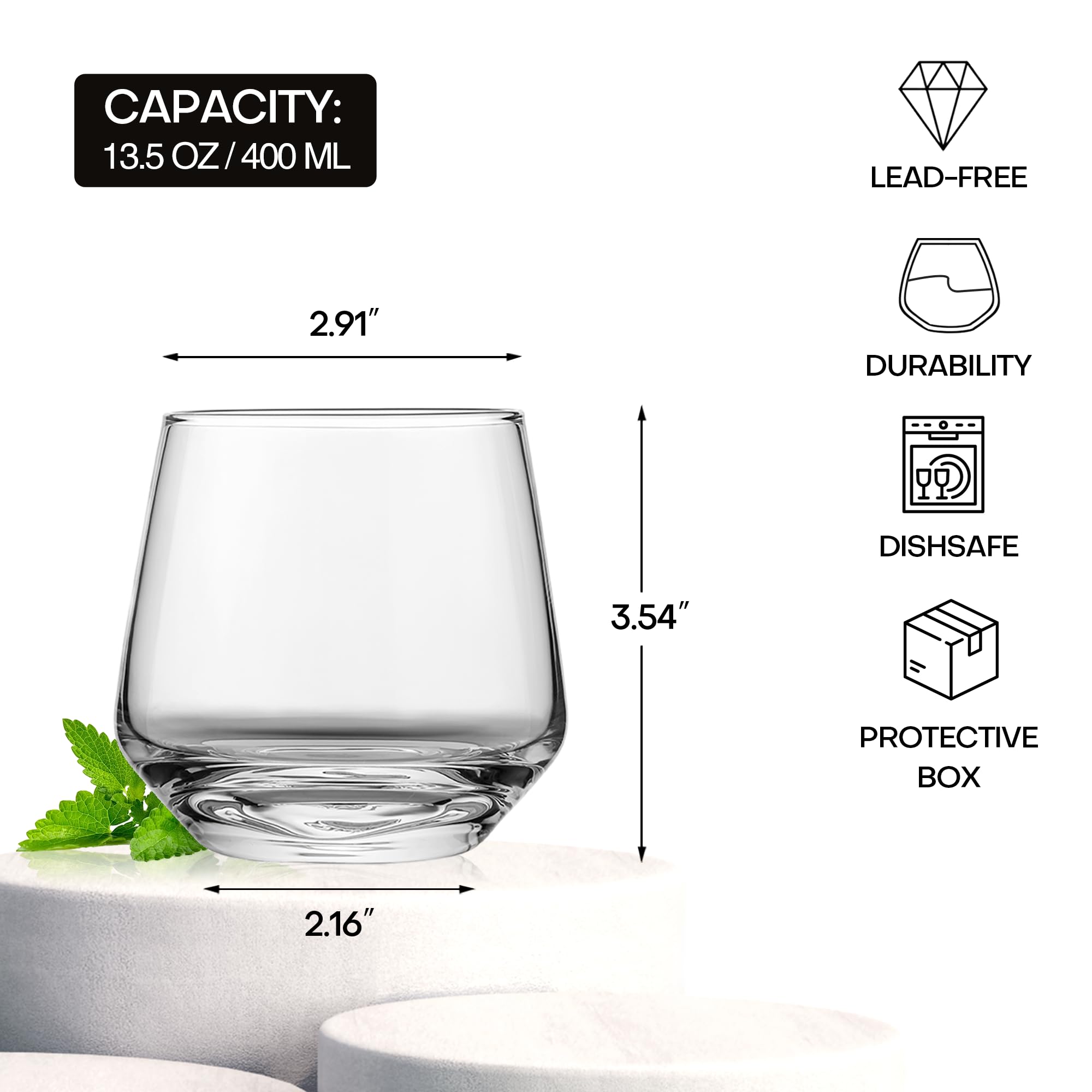 OUWO Stemless Wine Glasses Set of 6, 13.5oz Red White Wine Glasses for Daily Use, Hosting, Home Bar, Evening Party, Birthdays, Housewarming Gift, Clear