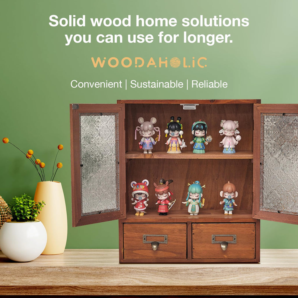 Geometric Motif Mahogany Storage Cabinet with Floral-Embossed Pressed Glass Doors – Victoria Floral Patterned Display Cupboard with 2 Drawers for Kitchen, Pantry and Countertop Organization