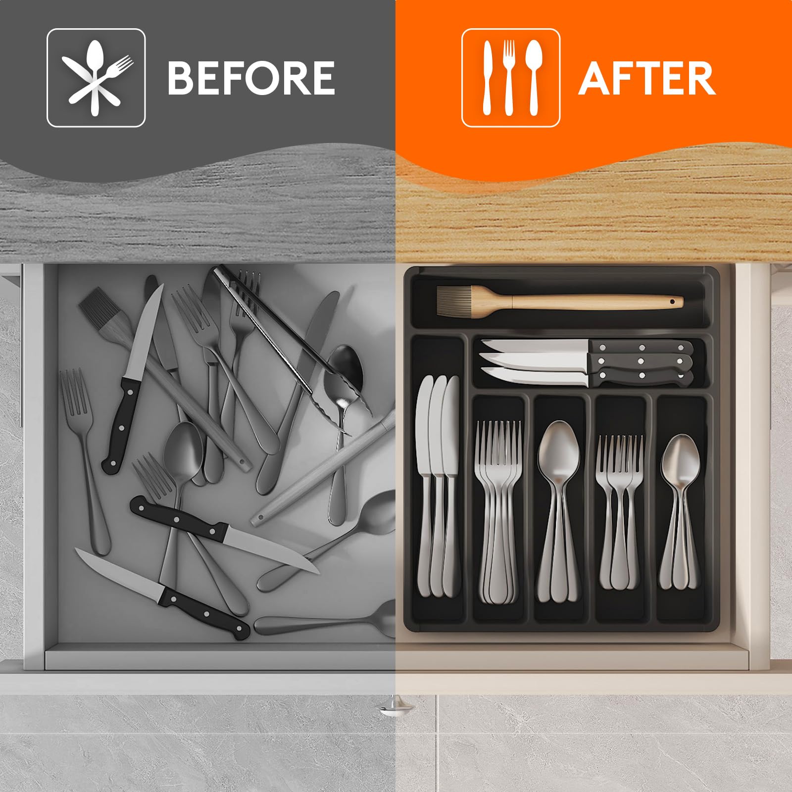 Lifewit Silverware Drawer Organizer Tray, Plastic Cutlery Storage for Kitchen, Flatware and Utensil Holder Divider for Spoons Forks Knives Tableware, 12.3 x 14.2", 7 Slots, Gray