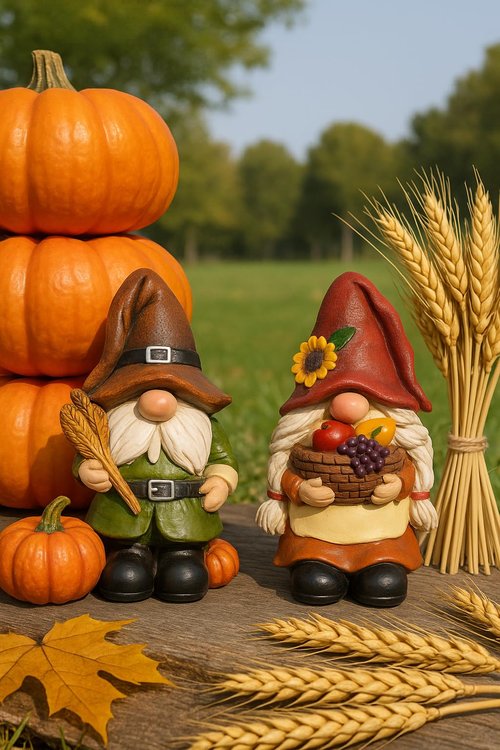 iStatue Thanksgiving Decorations Fall Gnome Figurines – 2 Pack Resin Harvest Figurines with Pumpkins, Wheat & Basket, Autumn Home Décor Accents for Table, Mantel, Shelf (Brown)