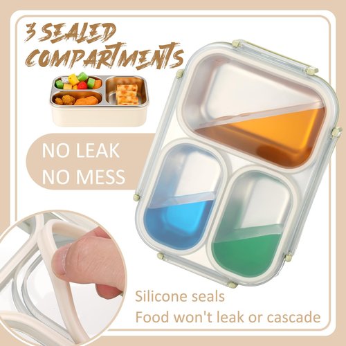 Ferrochef 3 Pack Stainless Steel Lunch Boxes 25 oz 3 Compartment Metal Bento Box with 3 Pcs Condiment Containers and Leakproof Lids for Office Outdoor and Gym, Dishwasher Safe