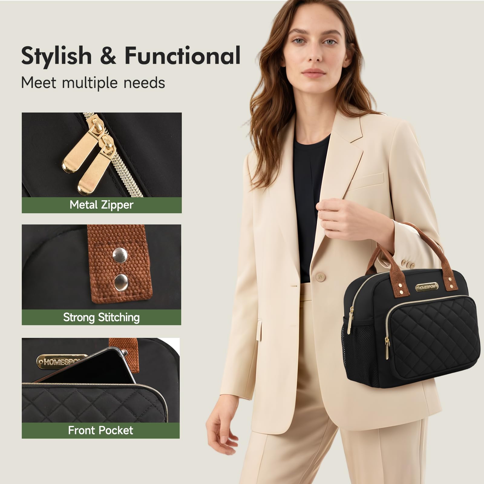 HOMESPON Lunch Bag for Woman Man Adults with Front Pocket Insulated Lunch Tote with Side Pockets Lunch Box Container for Work Picnic or Travel (Black Golden)