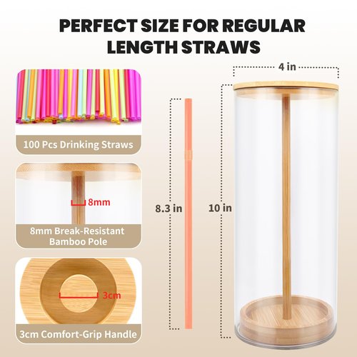 Straws Holder Dispenser for Counter, 10-Inch Drinking Straw Dispenser,Acrylic Straw Organizer with Bamboo Lid,Includes 100 Straws,Transparent Straw Storage Container for Kitchen,Pencils and Silverware