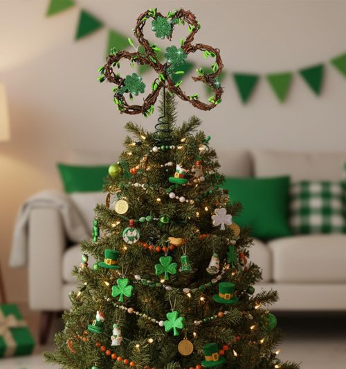 Daifunli 2 Pieces Valentines St Patrick's Day Tree Topper Rattan Irish Heart Shamrock Shaped Tree Toppers Iron Metal Red Green Glitter Christmas Treetop for Valentines Gift Wedding Party Decorations