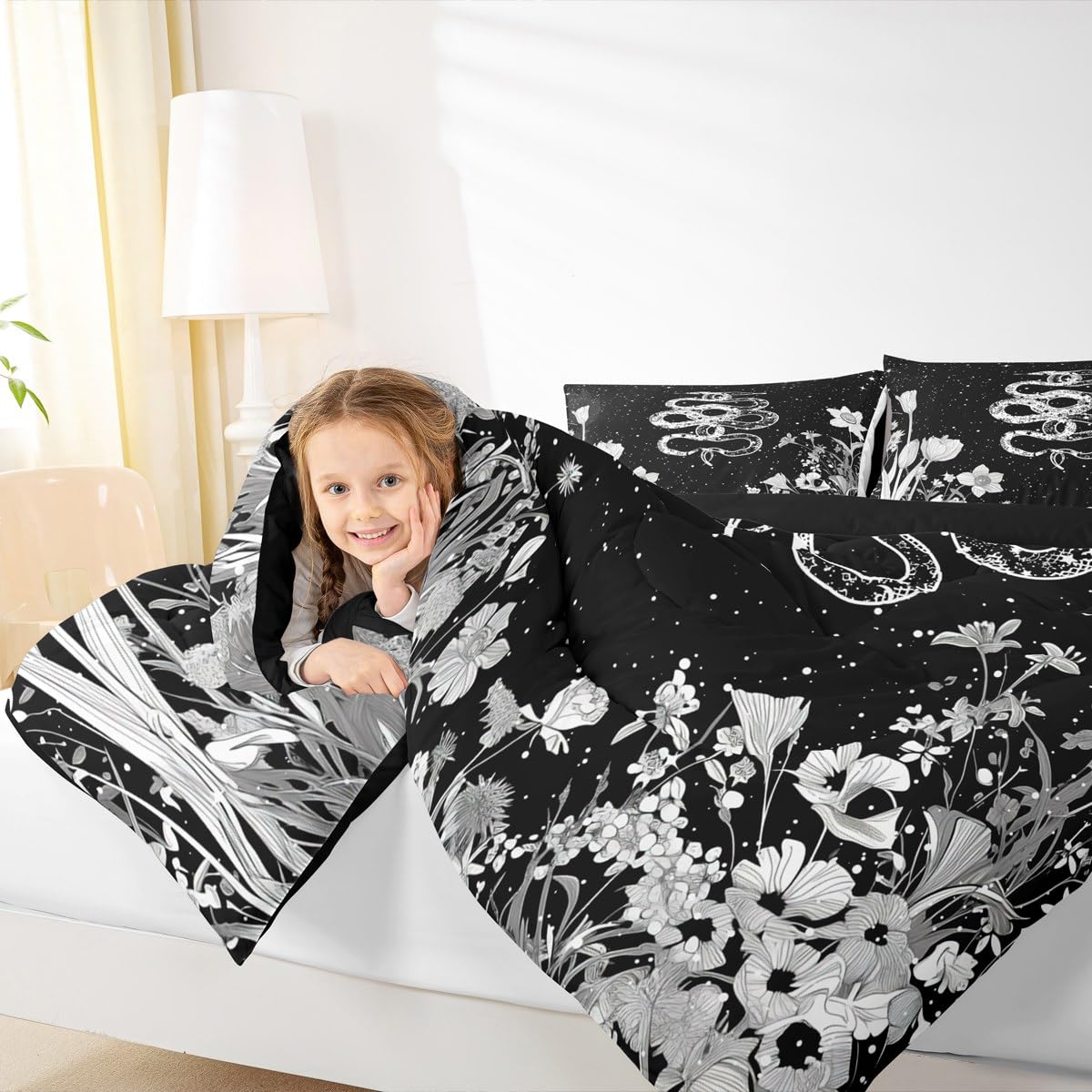 Snake Comforter Set Twin Size,Night Moon Starry Sky Bedding Set 2Pcs,Boho Flower Leaves Botanical Print Quilt Set for Kids Boys Girls Teens Room Decor Gothic Animal Duvet Insert,1 Pillowcase