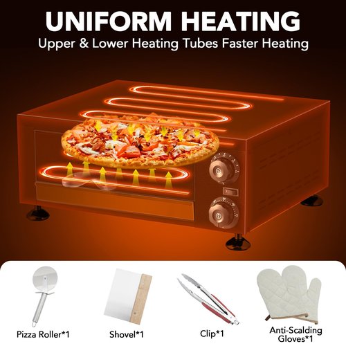 Electric Pizza Oven Indoor, KOKEBREN 12" Countertop Pizza Oven with 0-60 Minutes Timer, Pizza Maker Machine for Home and Commercial with Gloves, Clip & Pizza Roller