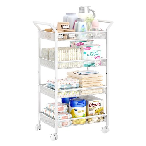 Baby Diaper Caddy Cart, 4-Tier Diaper Caddy Organizer and Storage, Rolling Utility Cart for Baby Supplies, Diaper Cart with Wheels for Bedroom, Nursery, Changing Table, White