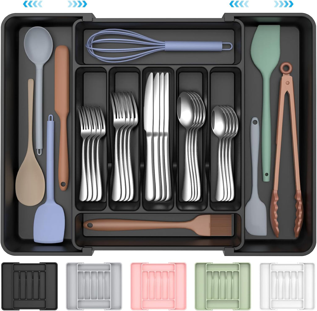 Ukeetap Extra Large Expandable Silverware Organizer - BPA-Free Cutlery Drawer Holder | Adjustable Black Design