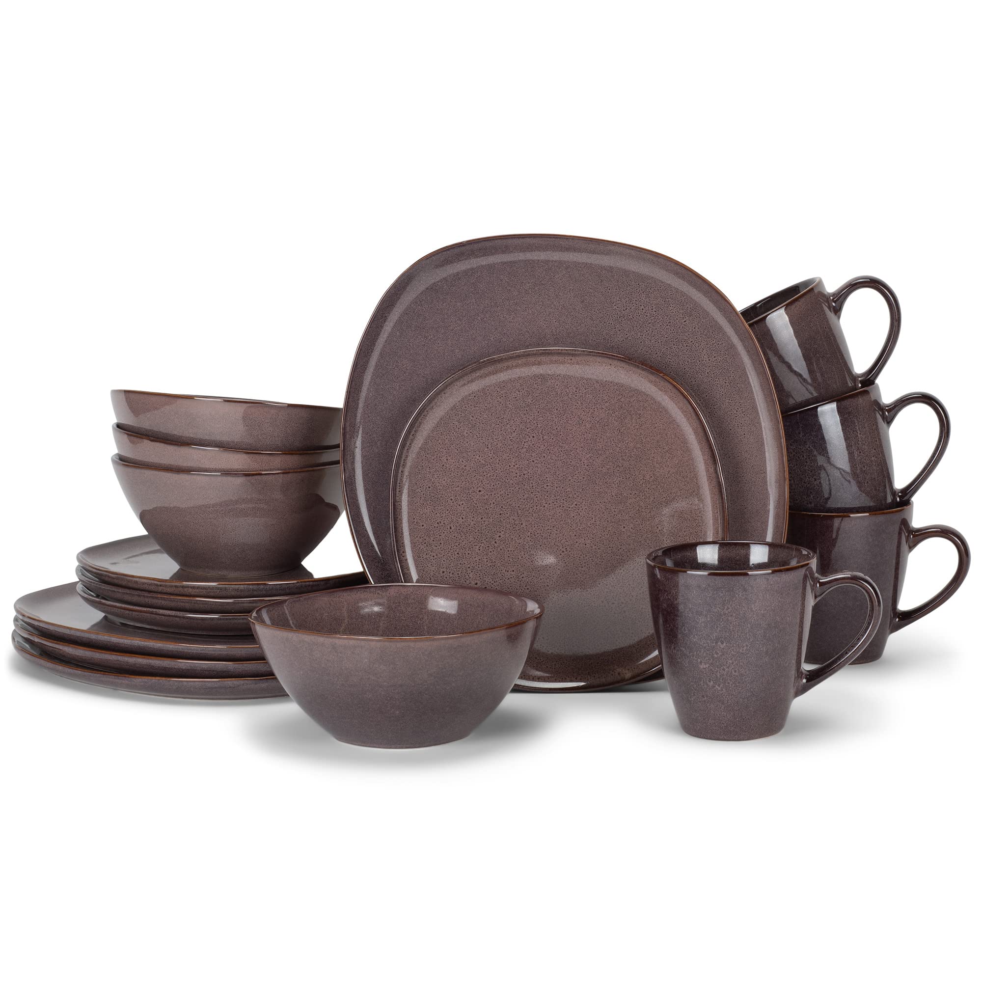 Elanze Designs 16-Piece Modern Luxury Chic Smooth Vintage Handmade Shape High Gloss Ceramic Stoneware Square Plate Mug & Bowl Kitchen Dinnerware 16 Piece Set - Service for 4, Plum Purple