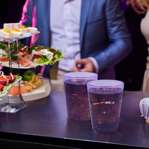 50pc 10oz Purple Glitter Plastic Cups and 1 Silver Ice Tong Set - Disposable Cocktail Glasses - Plastic Wine Cups - Purple Party Decorations - Purple Party Supplies
