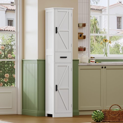 WEENFON 67 Tall Bathroom Cabinet with 6 Shelves & 1 Drawer, Narrow Storage Cabinet with Adjustable Shelves, Silm Cabinet for Living Room, Kitchen, White