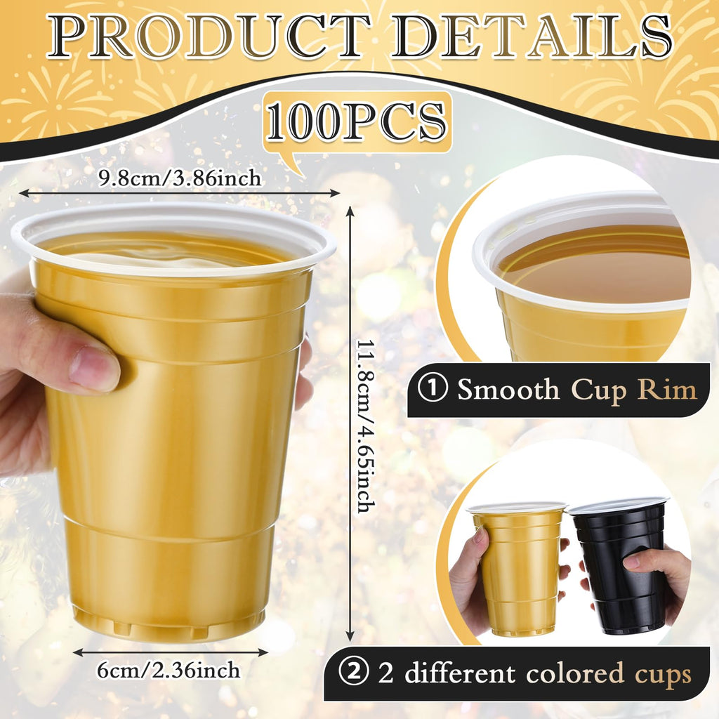 Sunnychicc 100 Pcs 16 oz Plastic Cups Disposable Party Cups Coffee Cup Heavy Duty Drinking Cup for Valentine Galentine Wedding Birthday Holiday Picnic New Year Party Beer Serving (Black,Gold)
