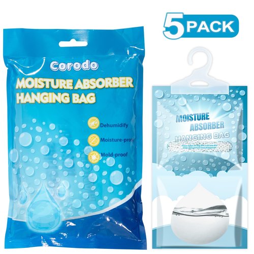Corodo Moisture Absorbers Packets - 5 Pack Hanging Moisture Absorbers Dehumidifier Bags for Closet Bathroom Kitchen, Fragrance Free Humidity Absorber Packs, Removes Moisture & Odors