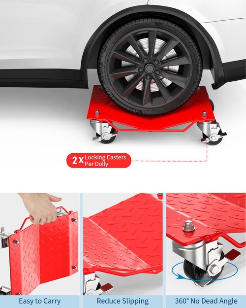 Garvee Car Wheel Dolly Set of 2,3000 LBS Capacity Heavy Duty Vehicle Mover Dolly with Brakes for Moving Cars, Trucks, Trailers and Motorcycles, Red