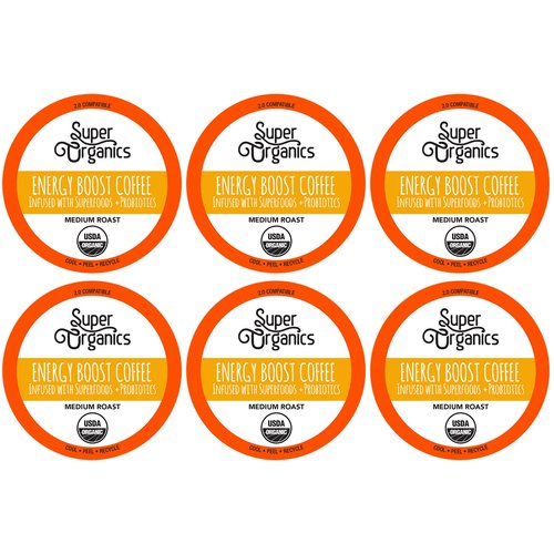 Super Organics Energy Boost Coffee Brew Cups with Superfoods & Probiotics Keurig K-Cup Compatible Energizing, Stamina Medium Roast, USDA Certified Organic, Vegan, Non-GMO, 60ct