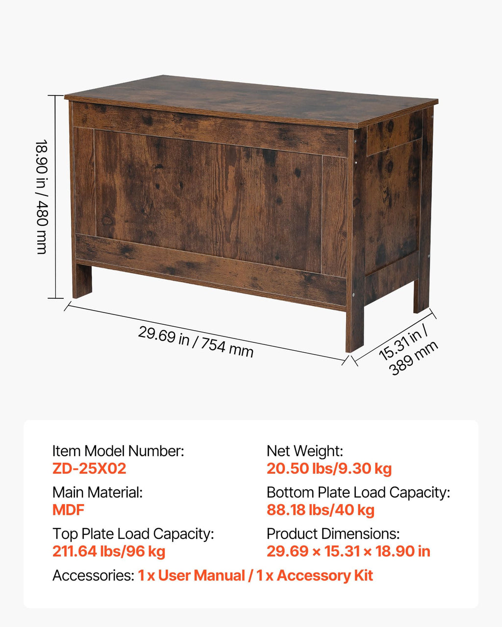 VEVOR Kids Storage Bench, Wooden Toy Box Chest, Large Storage Cabinet with Safety Hinge, Toddlers Retro Storage Bench for Playroom, Living Room or Entryway, 29.7 x 15.3 x 18.9 in, Easy Assembly, Brown