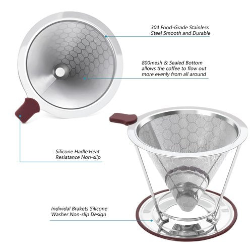 HAPYHOOM Pour Over Coffee Dripper Stainless Steel Coffee Filter Metal Cone Filter Paperless Reusable Single Cup Maker 1-2 Cup With Non-slip and Removable Cup Stand