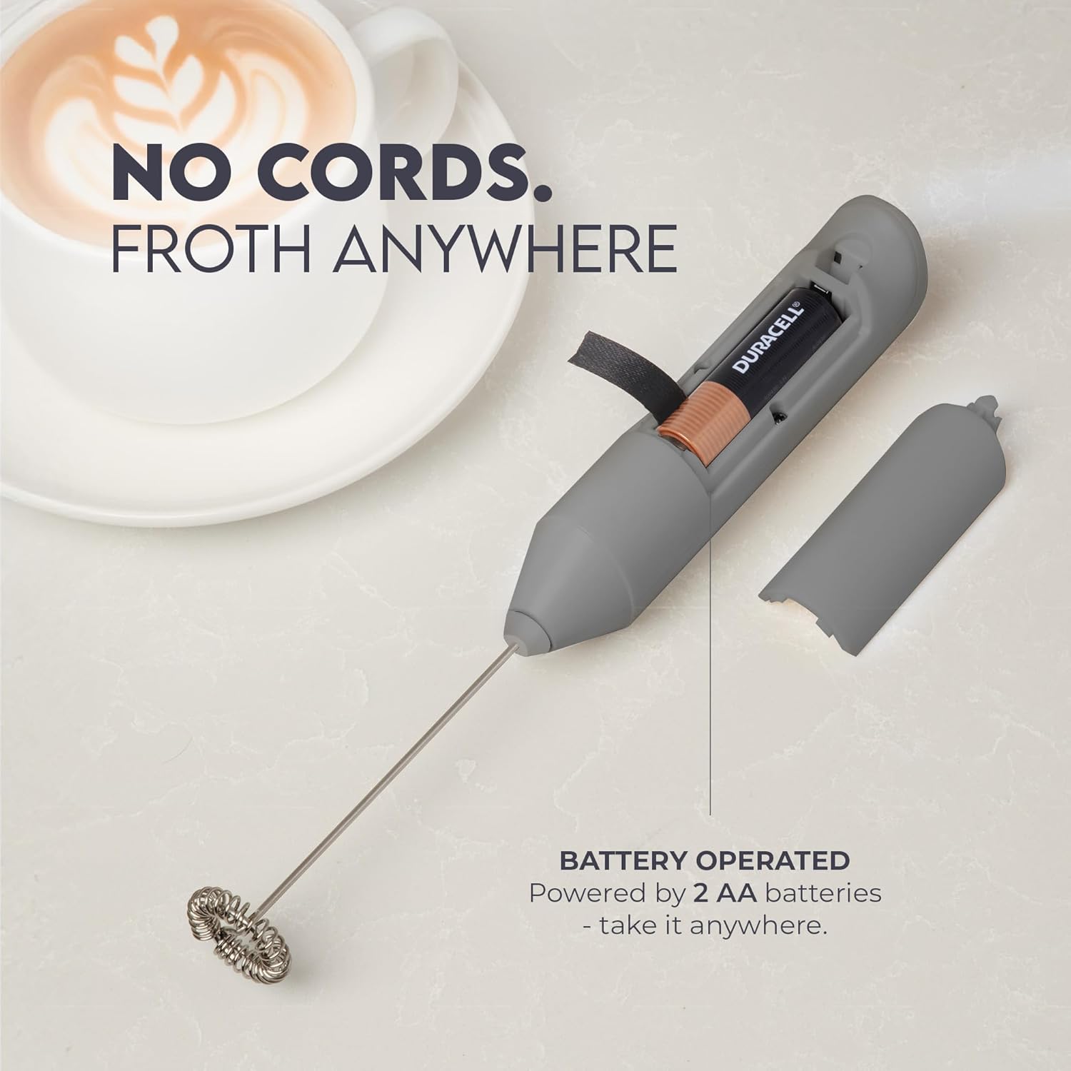 Zulay Kitchen Powerful Milk Frother AA Batteries Included – Ultra Fast Handheld Drink Mixer with Stainless Steel Whisk Stirrer for Coffee, Protein, Matcha & More, Frother Wand Electric Frothmate Gray