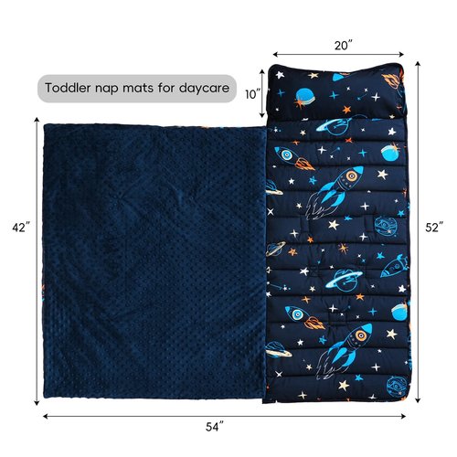 david's kids Minky Toddler Nap Mat with Removable Pillow and Minky Fleece Blanket, Soft Slumber Bags for Boys, Perfect for Preschool, Daycare, Kids Sleeping Bags with Rollup Design, 50"x20", Space