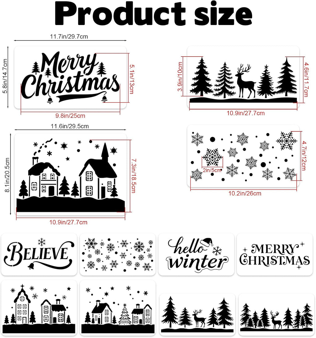 Skiennix Large Christmas Stencils - 12 Pcs Winter House, Snowflake & Pine Tree Designs for Painting on Wood & Glass