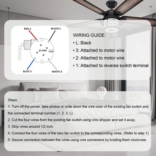 with 4 Pre-Installed Wires Ceiling Fan Switch 3 Speed 4 Wire, ZE-208s Zing Ear E89885 Fan Pull Chain Switch, Brass Chain