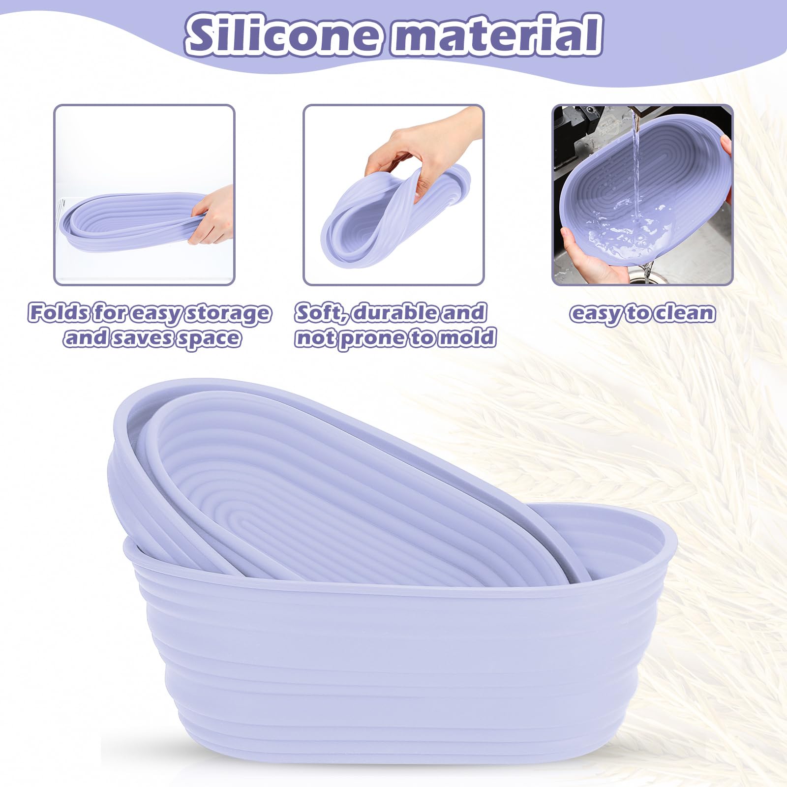 Nuogo 4 Pack Oval Bread Proofing Basket Silicone 10 Inch Collapsible Sourdough Bread Baking Supplies Dough Proofing Bowl with 4 Pcs Dough Scraper and 4 Pcs Basket Covers(Purple)