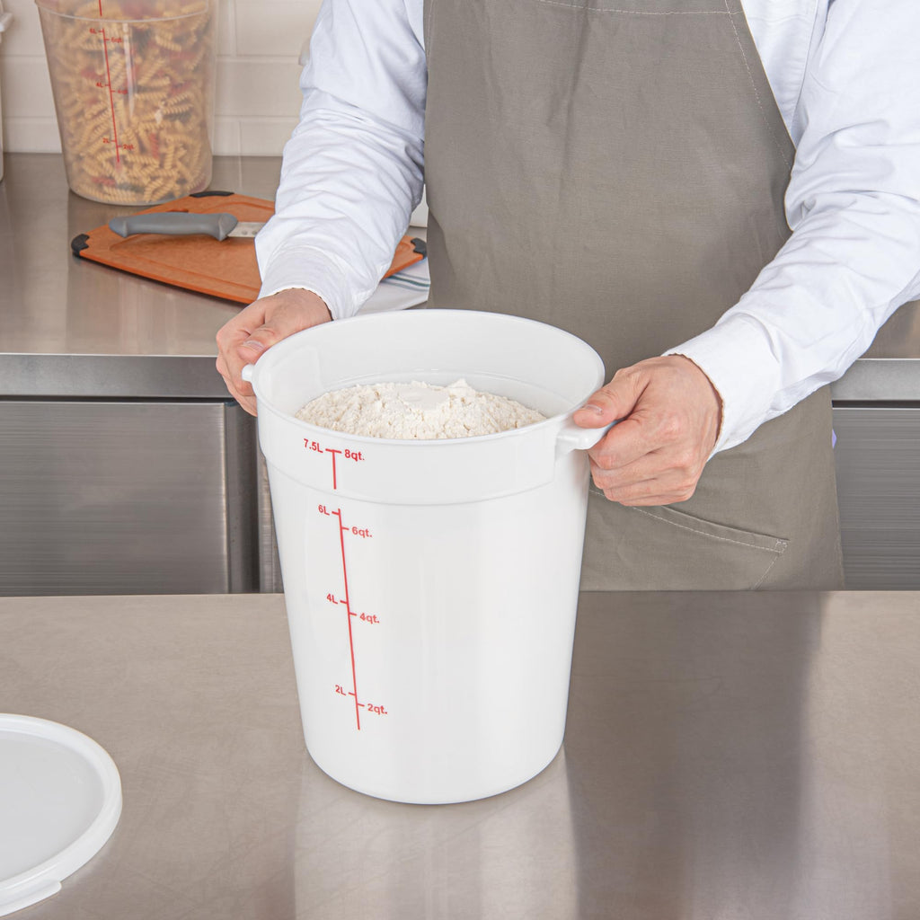 Restaurantware-Met Lux 8 Quart Food Storage Containers, 10 White Storage Containers - Lids Sold Separately, Red Volume Markers, Dishwashable Containers, Side Handles, For Storing Foods