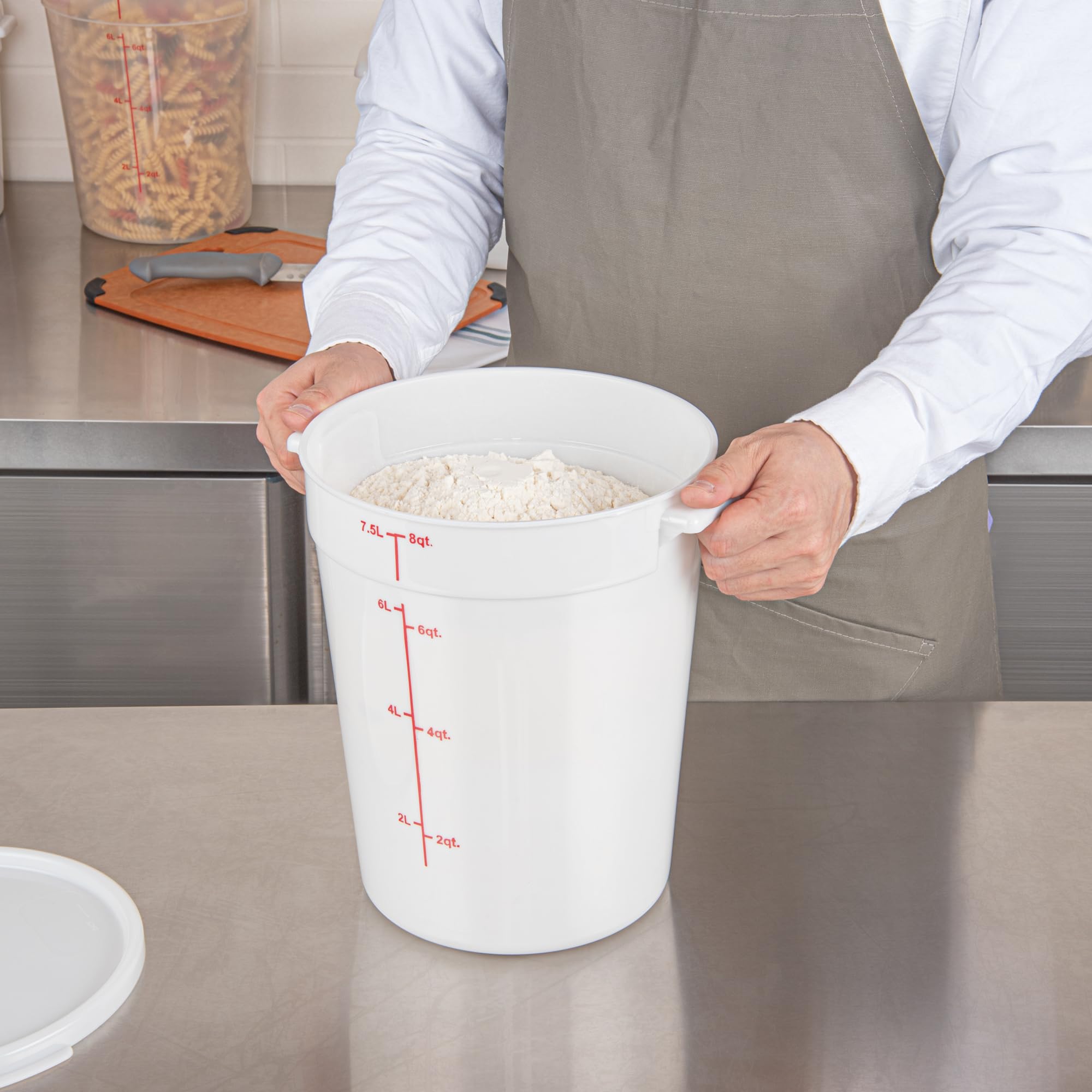 Restaurantware-Met Lux 8 Quart Food Storage Containers, 10 White Storage Containers - Lids Sold Separately, Red Volume Markers, Dishwashable Containers, Side Handles, For Storing Foods