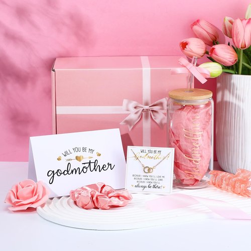 Honeydak 8 Pcs Godmother Proposal Gift Set Will You Be My Godmother from Godchild 16oz Glass Cup Necklace Trinket Ring Dish Gift Box for Mother's Day Easter Birthday Baptism(Rose Gold)