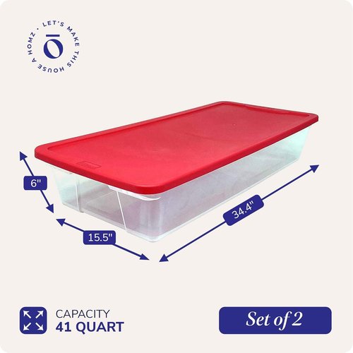 HOMZ Holiday Tote Storage Bins - 2-Pack Clear Plastic Organizers with Lids, 41 Quart, Red