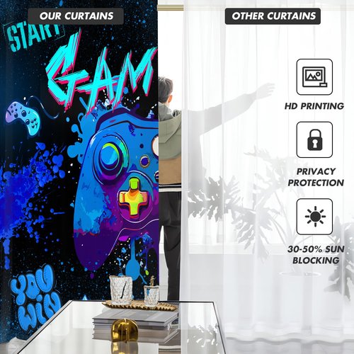 Kikiry Gaming Curtains 42" W x 84" L Graffiti Gamepad for Gamer Boys Kids Teen Colorful Splashed Ink Cute Game Controller Playroom Living Room Bedroom Window Drapes Treatment Fabric 1 Pair