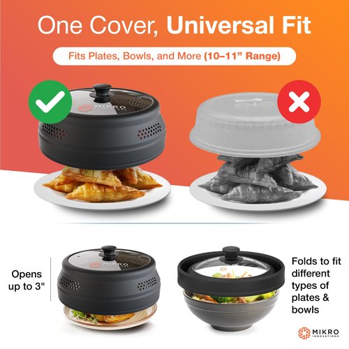 Mikro Innovations Glass & Silicone Microwave Splatter Cover – Tall and Collapsible Design that fits 6-10.5in Plates and Bowls - Space Saving, BPA Free & Dishwasher Safe (1, Black, large)