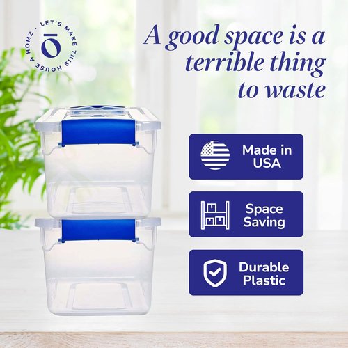 HOMZ Clear Plastic Storage Organizer Bins - 5-Pack 7.5 Quart with Blue Latch | Stackable Containers for Home & Garage