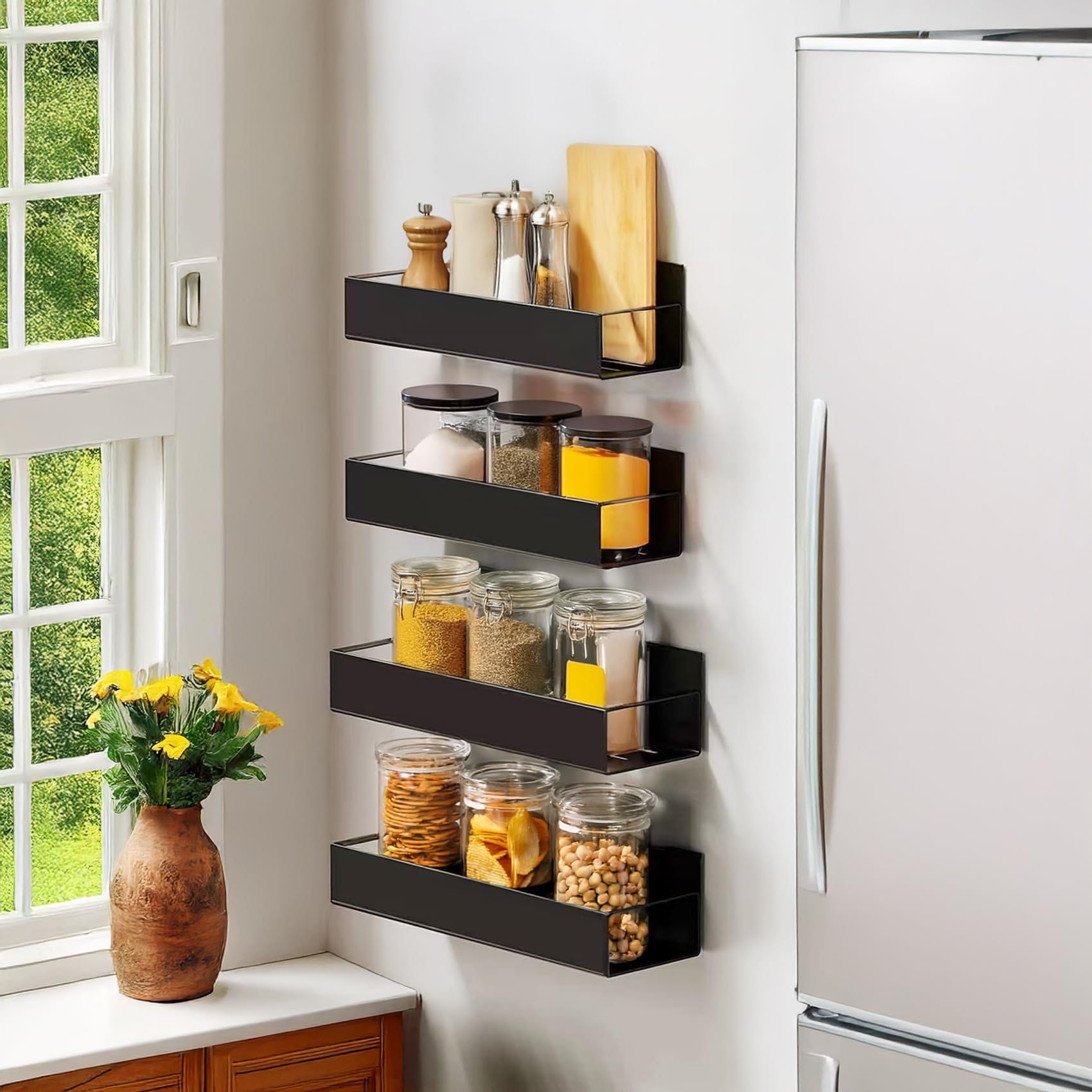 SYLLENHOD Kitchen Spice Rack for Wall: 2 Packs Black Adhesive Spice Racks Wall Mount - 11.8" Large Hanging Storage Organizer Cabinet Without Drilling for Work Room Bathroom Shelves