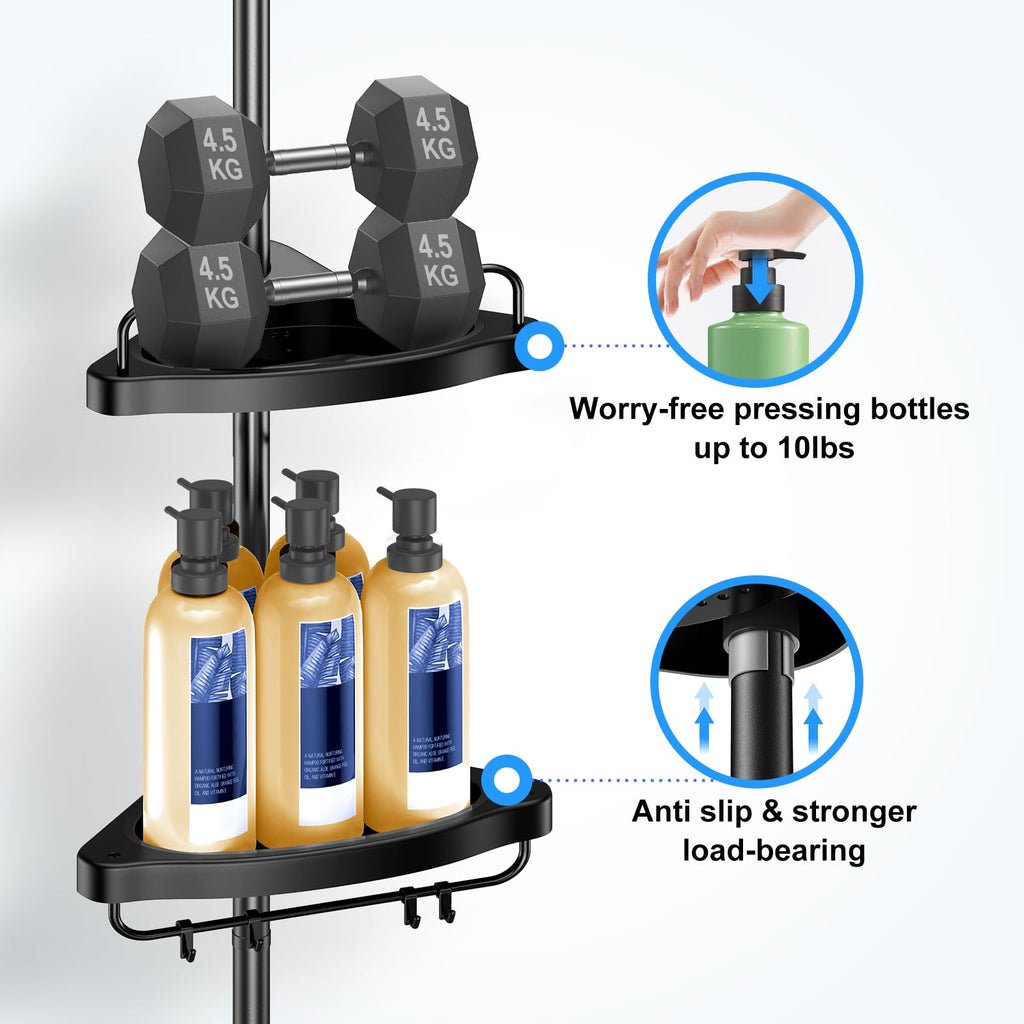 HAMITOR Corner Shower Caddy Tension Pole: Adjustable Stainless Steel Shower Organizer 4 Tier Shelf for Bathroom Bathtub Shampoo - Floor Standing Rack Bath Storage Holder with Rust Proof Rods - Black